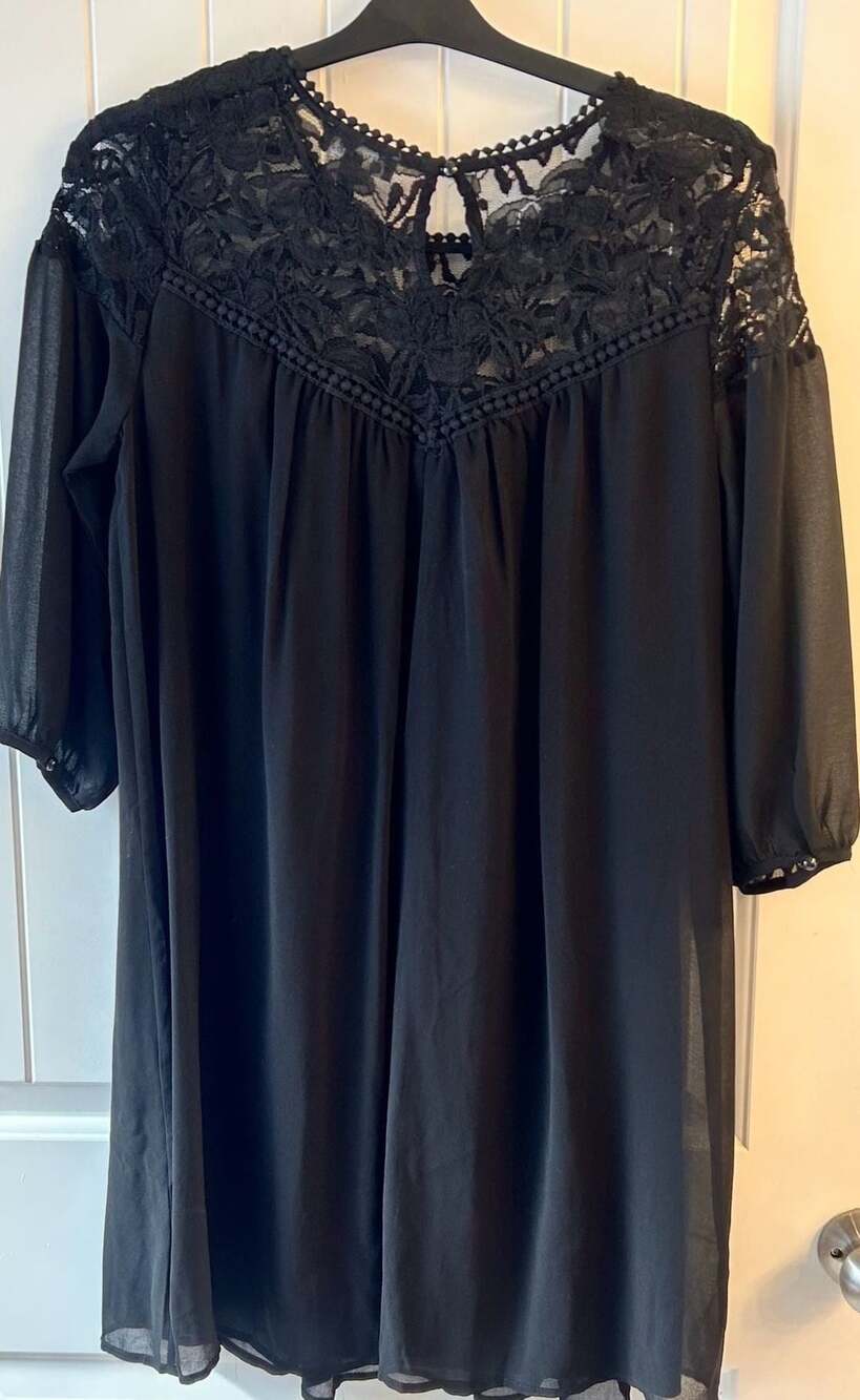 Luxology Black Chiffon Lace Inset Long Sleeve Mini Dress